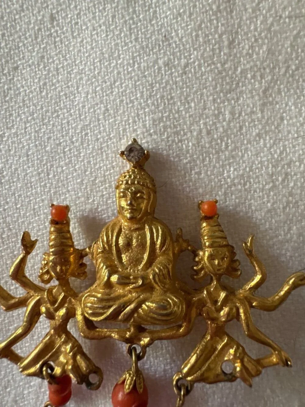 Vintage ARTCO Gold Buddha Signed Pin With Coral Dangles & Rhinestone Accent